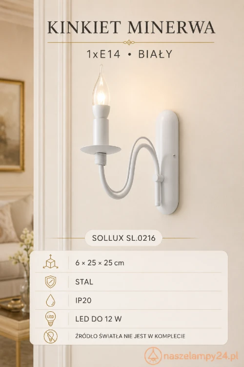 Biały kinkiet MINERWA 1xE14 Sollux zachwyca klasyczną formą świecznika. Elegancka lampa ścienna ze stali pasuje do salonu, sypialni, jadalni i holu. Wymiary 6 × 25 × 25 cm. Źródło światła należy dokupić osobno.