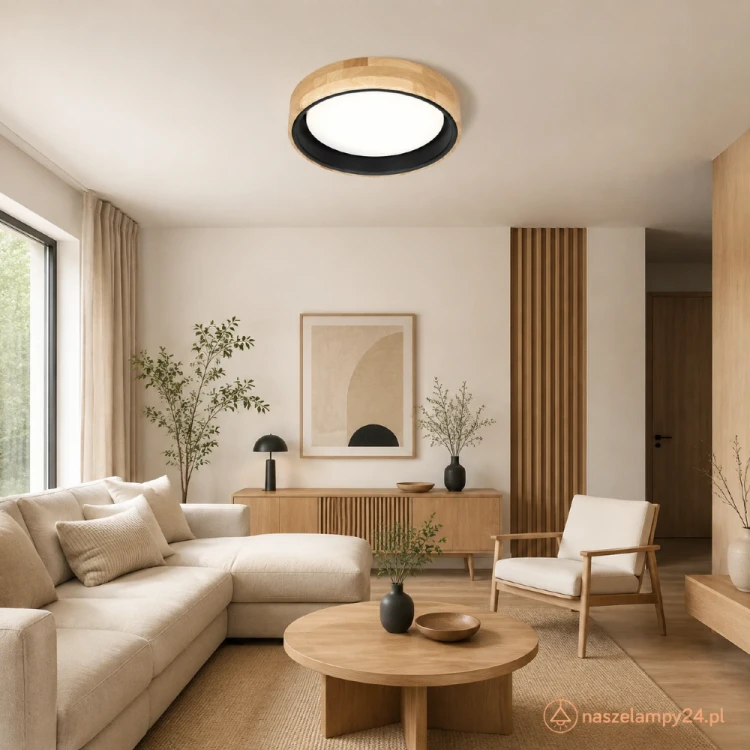 Drewniany plafon CAMPELO LED 20W Italux łączy naturalne wykończenie z czarnym pierścieniem i białym kloszem. Neutralne światło 4000 K oraz strumień 2000 lm sprawdzą się w salonie, kuchni, sypialni i przedpokoju.