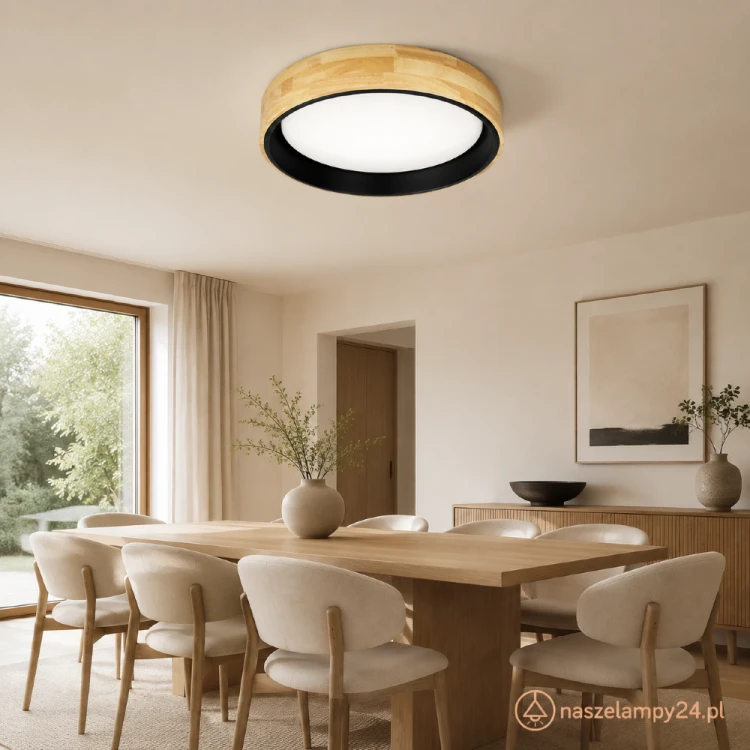 Drewniany plafon CAMPELO LED 25W Italux łączy jasne drewno, czarny metal i biały klosz. Strumień 2500 lm oraz neutralne światło 4000 K sprawdzą się w przestronnym salonie, jadalni, kuchni lub sypialni.