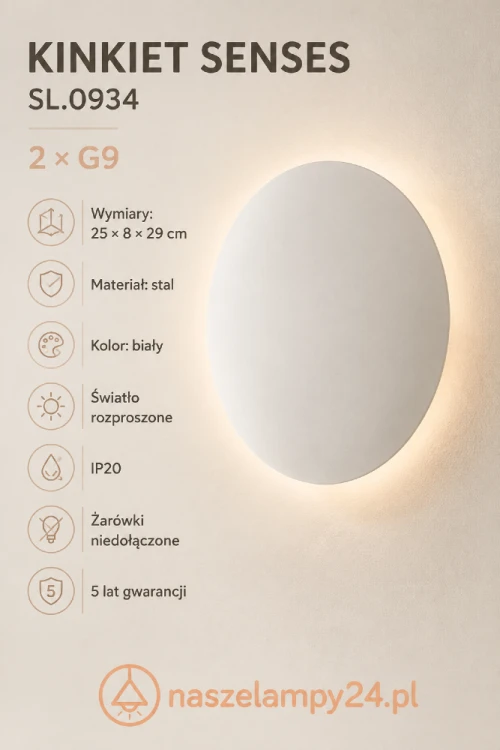 Kinkiet SENSES SL.0934 marki Sollux wykorzystuje dwie wymienne żarówki G9. Biała, stalowa osłona ukrywa źródła światła i tworzy efektowne halo. To dekoracyjne oświetlenie do salonu, sypialni, przedpokoju i korytarza.