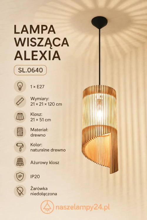 Lampa ALEXIA 1xE27 z ażurowym drewnianym kloszem tworzy przytulne światło i dekoracyjne refleksy. Naturalne wykończenie pasuje nad stół w jadalni, wyspę lub barek. Wymiary lampy: 21 × 21 × 120 cm.