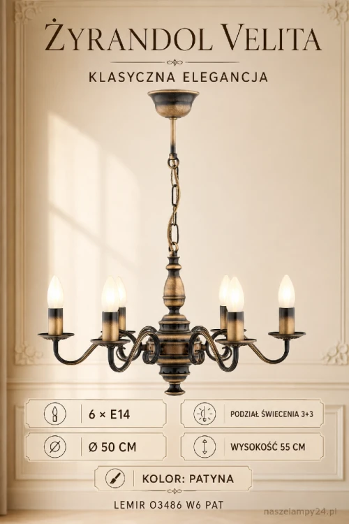 Żyrandol VELITA 6xE14 patyna Lemir to klasyczna lampa świecznikowa o średnicy 50 cm. Sześć ramion, stalowa konstrukcja i podział świecenia 3+3 zapewniają elegancki wygląd oraz możliwość dopasowania liczby włączonych żarówek.
