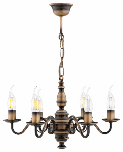 Żyrandol świecznikowy VELITA 6xE14 marki Lemir w kolorze patyny. Klasyczna stalowa konstrukcja, średnica 50 cm i podział świecenia 3+3. Elegancka lampa do salonu, jadalni, sypialni lub reprezentacyjnego holu.