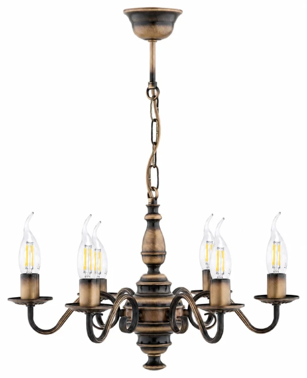 Żyrandol świecznikowy VELITA 6xE14 marki Lemir w kolorze patyny. Klasyczna stalowa konstrukcja, średnica 50 cm i podział świecenia 3+3. Elegancka lampa do salonu, jadalni, sypialni lub reprezentacyjnego holu.
