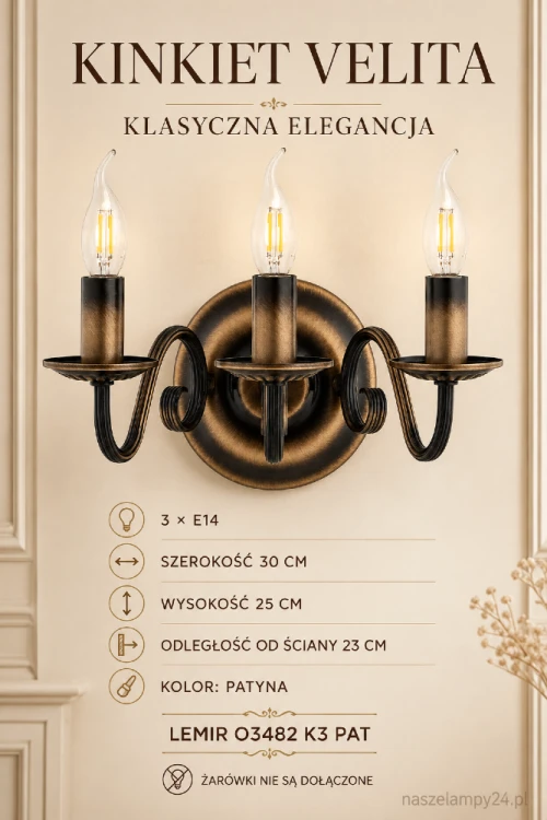 Klasyczny kinkiet VELITA 3xE14 patyna Lemir to elegancka lampa ścienna do salonu, jadalni, sypialni lub holu. Trzy dekoracyjne ramiona efektownie prezentują się z filamentowymi żarówkami w kształcie płomyka.