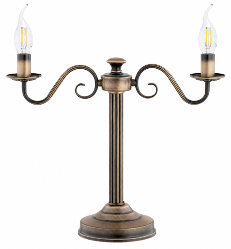 Lampa stołowa VELITA 2xE14 marki Lemir w kolorze patyny. Klasyczna stalowa konstrukcja, dwa ramiona i włącznik na przewodzie. Eleganckie oświetlenie na komodę, konsolę, biurko lub większy stolik pomocniczy.