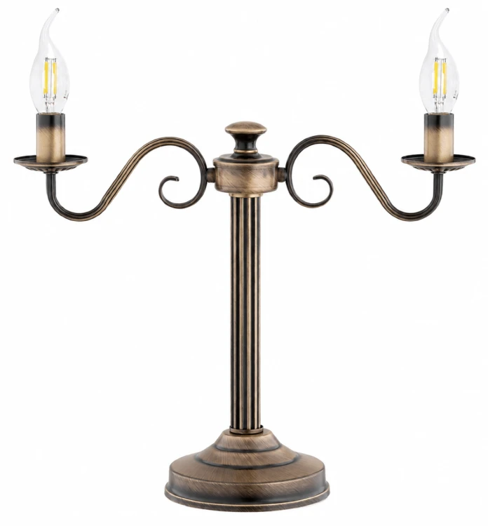 Lampa stołowa VELITA 2xE14 marki Lemir w kolorze patyny. Klasyczna stalowa konstrukcja, dwa ramiona i włącznik na przewodzie. Eleganckie oświetlenie na komodę, konsolę, biurko lub większy stolik pomocniczy.