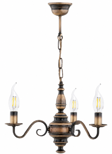 Żyrandol świecznikowy VELITA 3xE14 marki Lemir w kolorze patyny. Stalowa konstrukcja, trzy dekoracyjne ramiona i średnica 42 cm. Elegancka lampa klasyczna do salonu, jadalni, sypialni, gabinetu lub holu.