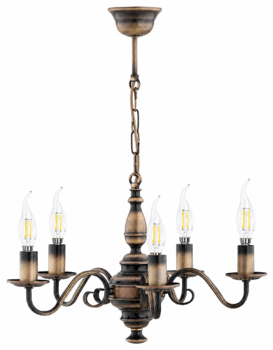 Żyrandol świecznikowy VELITA 5xE14 marki Lemir w kolorze patyny. Stalowa konstrukcja, pięć dekoracyjnych ramion i średnica 50 cm. Elegancka lampa klasyczna do salonu, jadalni, sypialni, gabinetu lub holu.