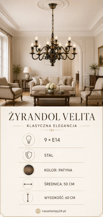 Żyrandol VELITA Lemir to elegancka lampa wisząca z dziewięcioma oprawkami E14. Patynowana stal, ozdobna konstrukcja i klasyczna forma podkreślą charakter salonu, jadalni lub holu. Wymiary lampy: średnica 50 cm i wysokość 60 cm.