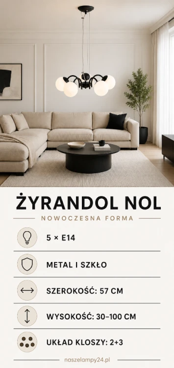 Lampa wisząca NOL 5xE14 marki Lemir wyróżnia się pięcioma matowymi kulami rozmieszczonymi w układzie 2+3. Czarna konstrukcja, szerokość 57 cm i regulowana wysokość od 30 do 100 cm pasują do nowoczesnych wnętrz.