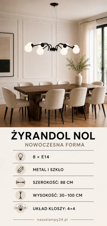 Żyrandol NOL czarny 8xE14 z białymi kulami to efektowne oświetlenie nad długi stół, wyspę kuchenną lub do salonu. Osiem zamkniętych kloszy z matowego szkła przyjemnie rozprasza światło i podkreśla nowoczesny charakter wnętrza.