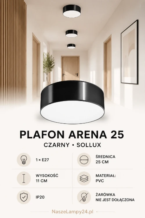 Nowoczesny plafon ARENA SL.0127 ma czarny klosz o średnicy 25 cm oraz jedno gniazdo E27. Niewielka wysokość 11 cm sprawia, że jest odpowiedni także do niższych pomieszczeń. Doskonały do przedpokoju i sypialni.