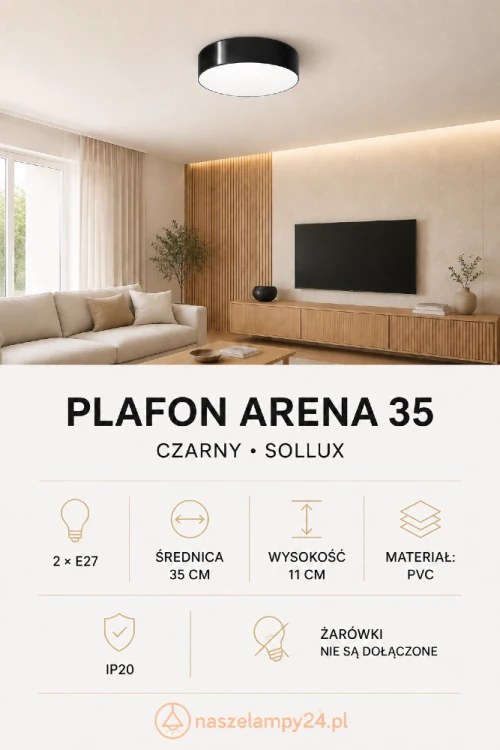 Czarny plafon ARENA 35 Sollux 2xE27 łączy minimalistyczny wygląd z funkcjonalnością. Montowany bezpośrednio przy suficie pasuje do wnętrz nowoczesnych, loftowych i skandynawskich. Żarówki nie są dołączone.