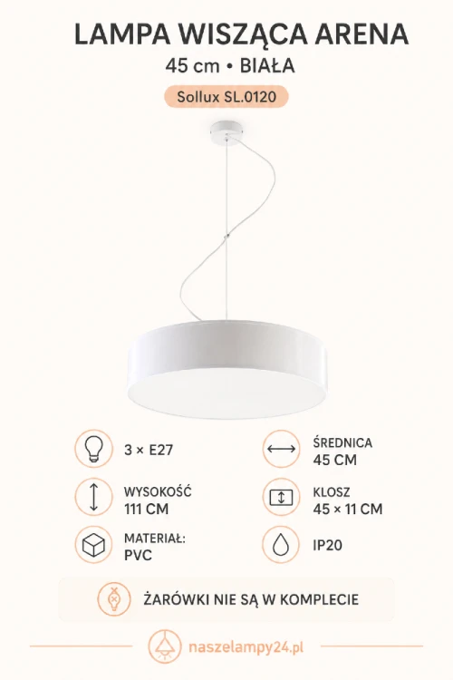Lampa ARENA Sollux SL.0120 zachwyca prostą formą i uniwersalnym białym kolorem. Klosz o średnicy 45 cm oraz trzy oprawki E27 sprawiają, że model idealnie nadaje się nad stół, wyspę kuchenną albo do centralnego punktu salonu.