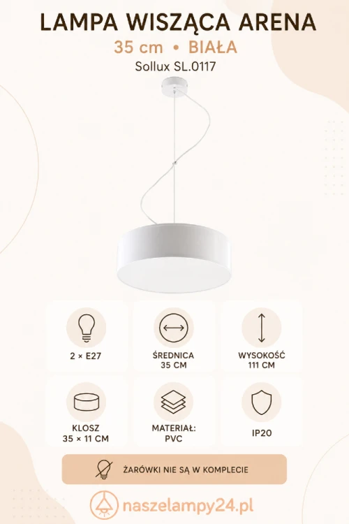 Lampa ARENA Sollux SL.0117 ma biały klosz z PVC o średnicy 35 cm oraz dwie oprawki E27. Doskonale sprawdzi się nad niewielkim stołem, stolikiem kawowym, barkiem lub wyspą. Można zastosować w niej energooszczędne żarówki LED.