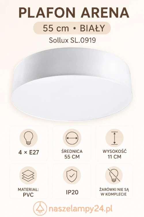 Lampa sufitowa ARENA Sollux SL.0919 wyróżnia się okrągłym kloszem o średnicy 55 cm i uniwersalnym białym kolorem. Cztery oprawki E27 pozwalają zastosować żarówki LED i dopasować barwę światła do wnętrza.