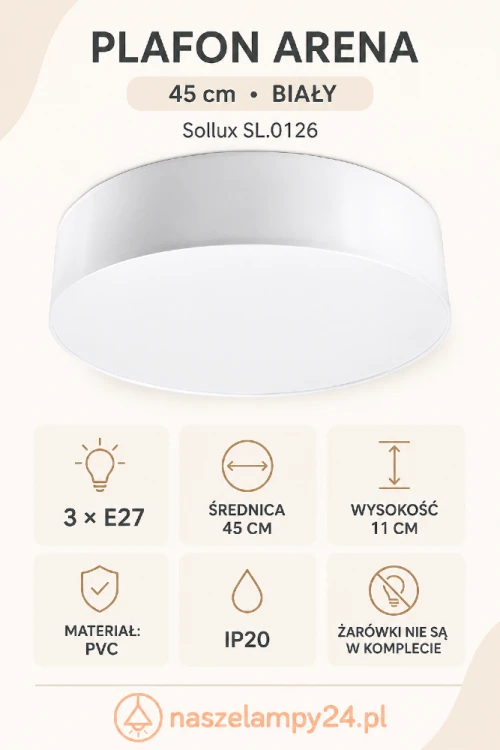 Biała lampa sufitowa ARENA Sollux SL.0126 z kloszem o średnicy 45 cm. Trzy źródła światła E27 zapewniają dobre oświetlenie salonu, sypialni, jadalni, kuchni, gabinetu lub korytarza. Żarówki należy dokupić osobno.