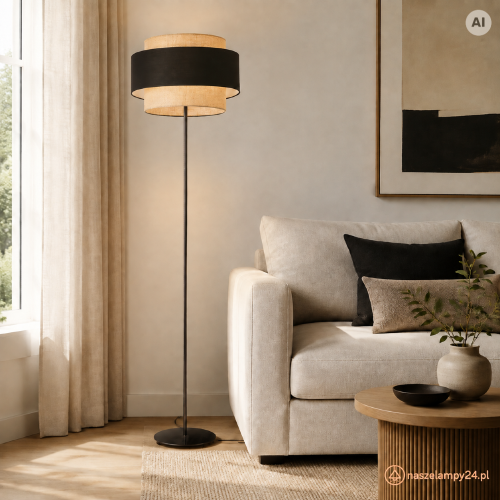 Czarna lampa stojąca LUNA z podwójnym abażurem z juty tworzy przytulne światło i dekoruje wnętrze. Ma 167 cm wysokości, abażur Ø45 cm, oprawkę E27 oraz wygodny włącznik umieszczony na przewodzie.