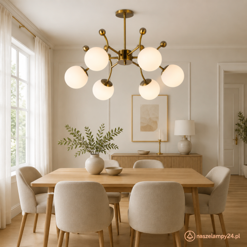 Miedziana lampa sufitowa BOLAS 6xE27 zachwyca dekoracyjnymi ramionami i białymi kloszami w kształcie kul. Model Venti W-N36357/6 ma 68 cm szerokości i pasuje do wnętrz nowoczesnych, glamour oraz modern classic.