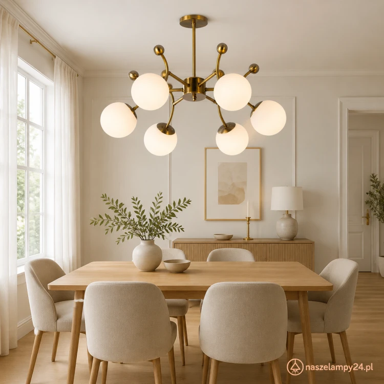 Miedziana lampa sufitowa BOLAS 6xE27 zachwyca dekoracyjnymi ramionami i białymi kloszami w kształcie kul. Model Venti W-N36357/6 ma 68 cm szerokości i pasuje do wnętrz nowoczesnych, glamour oraz modern classic.