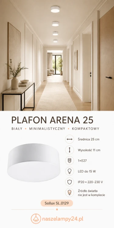 ChatGPT Image 25 sie Kompaktowy plafon ARENA Sollux SL.0129 o średnicy 25 cm to praktyczne oświetlenie korytarza, kuchni, sypialni lub garderoby. Biała obudowa z PVC pasuje do jasnych aranżacji. Lampa obsługuje żarówki E27 LED do 15 W.026, 11_19_00.png