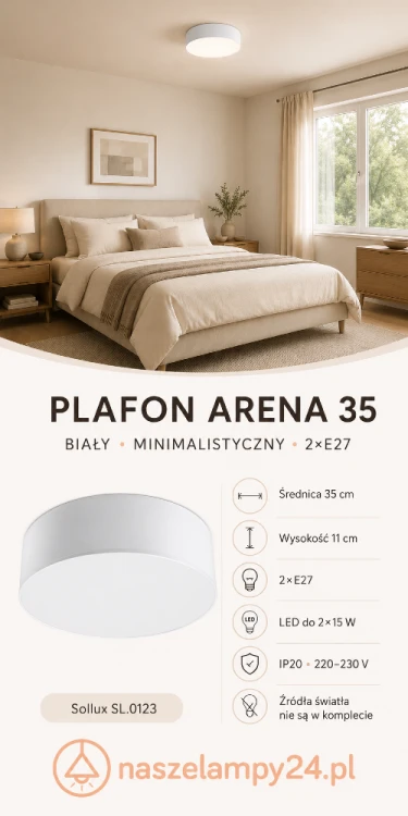 Kompaktowy plafon ARENA Sollux SL.0123 ma 35 cm średnicy i 11 cm wysokości. Dwie oprawki E27 pozwalają dobrać odpowiednią moc oraz barwę światła. To praktyczna lampa sufitowa do salonu, sypialni, kuchni i korytarza.