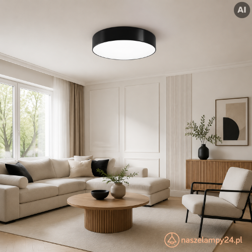 Czarny plafon ARENA 55 Sollux SL.0917 wyróżnia się minimalistyczną formą i dużą średnicą 55 cm. Niska konstrukcja o wysokości 11 cm sprawdzi się również w niższych pomieszczeniach. Lampa wykorzystuje cztery żarówki E27.