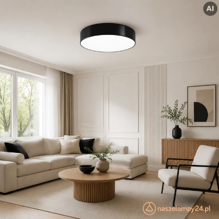 Czarny plafon ARENA 55 Sollux SL.0917 wyróżnia się minimalistyczną formą i dużą średnicą 55 cm. Niska konstrukcja o wysokości 11 cm sprawdzi się również w niższych pomieszczeniach. Lampa wykorzystuje cztery żarówki E27.