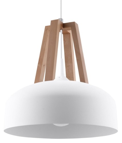 Lampa wisząca CASCO Sollux SL.0388 łączy biały stalowy klosz z naturalnym drewnem. Świetnie sprawdzi się nad stołem, wyspą kuchenną lub barkiem. Ma klosz Ø30 cm i oprawkę E27 na żarówkę LED do 15 W.