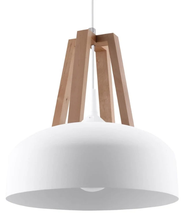 Lampa wisząca CASCO Sollux SL.0388 łączy biały stalowy klosz z naturalnym drewnem. Świetnie sprawdzi się nad stołem, wyspą kuchenną lub barkiem. Ma klosz Ø30 cm i oprawkę E27 na żarówkę LED do 15 W.