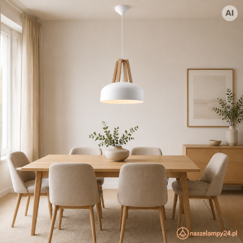 Biała lampa wisząca CASCO z naturalnym drewnem pasuje do kuchni i jadalni w stylu skandynawskim. Klosz o średnicy 30 cm kieruje światło na stół lub blat. Model posiada oprawkę E27, a żarówka nie jest dołączona.