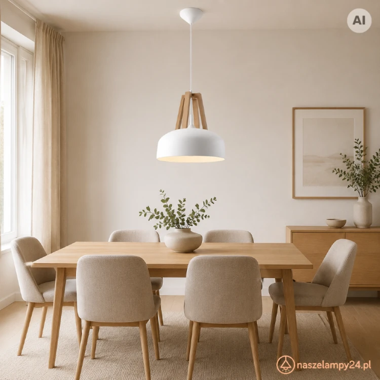Biała lampa wisząca CASCO z naturalnym drewnem pasuje do kuchni i jadalni w stylu skandynawskim. Klosz o średnicy 30 cm kieruje światło na stół lub blat. Model posiada oprawkę E27, a żarówka nie jest dołączona.