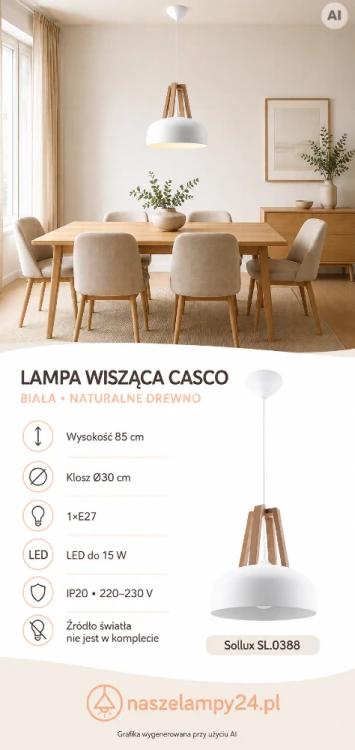 Biała lampa wisząca CASCO z naturalnym drewnem pasuje do kuchni i jadalni w stylu skandynawskim. Klosz o średnicy 30 cm kieruje światło na stół lub blat. Model posiada oprawkę E27, a żarówka nie jest dołączona.