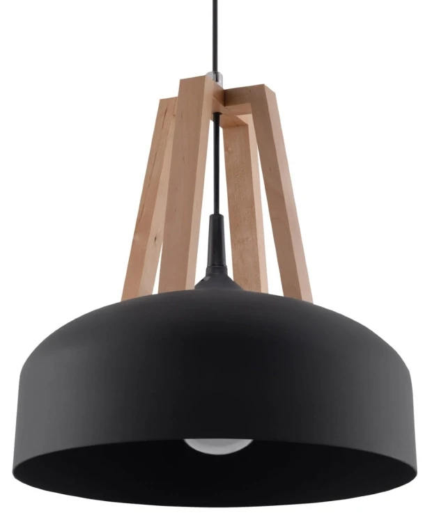 Lampa wisząca CASCO Sollux SL.0390 łączy czarny stalowy klosz z naturalnym drewnem. Doskonale sprawdzi się nad stołem, wyspą kuchenną lub barkiem. Ma klosz Ø30 cm i oprawkę E27 na żarówkę LED do 15 W.