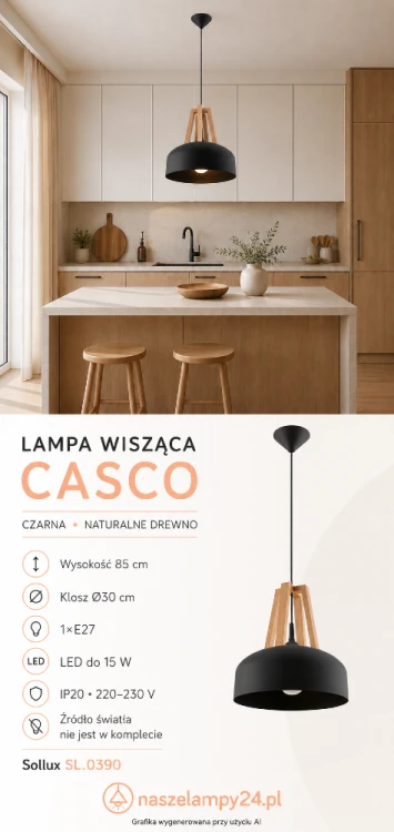 Lampa kuchenna CASCO Sollux to efektowne połączenie czarnego metalu i naturalnego drewna. Model SL.0390 świetnie prezentuje się nad wyspą, stołem lub barkiem. Klosz ma średnicę 30 cm, a cała lampa wysokość 85 cm.