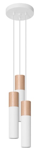 Lampa wisząca PABLO 3xGU10 Sollux SL.1013 łączy trzy białe metalowe tuby z naturalnym drewnem. Kaskadowa forma doskonale prezentuje się nad stołem, wyspą kuchenną oraz w wysokim holu, na antresoli i klatce schodowej.