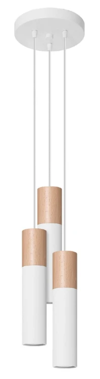Lampa wisząca PABLO 3xGU10 Sollux SL.1013 łączy trzy białe metalowe tuby z naturalnym drewnem. Kaskadowa forma doskonale prezentuje się nad stołem, wyspą kuchenną oraz w wysokim holu, na antresoli i klatce schodowej.