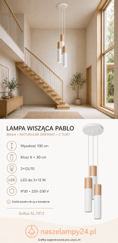 Biało-drewniana lampa wisząca PABLO ma trzy smukłe klosze zawieszone na różnych wysokościach. Każda tuba mieści żarówkę GU10 LED do 12 W. To nowoczesne oświetlenie do kuchni, jadalni, salonu lub wysokiego holu.