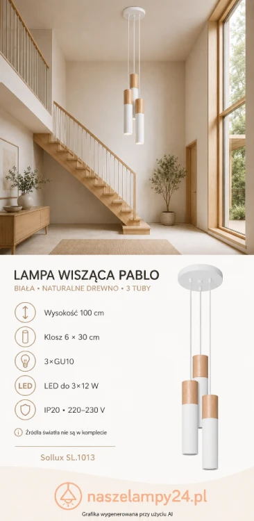 Biało-drewniana lampa wisząca PABLO ma trzy smukłe klosze zawieszone na różnych wysokościach. Każda tuba mieści żarówkę GU10 LED do 12 W. To nowoczesne oświetlenie do kuchni, jadalni, salonu lub wysokiego holu.