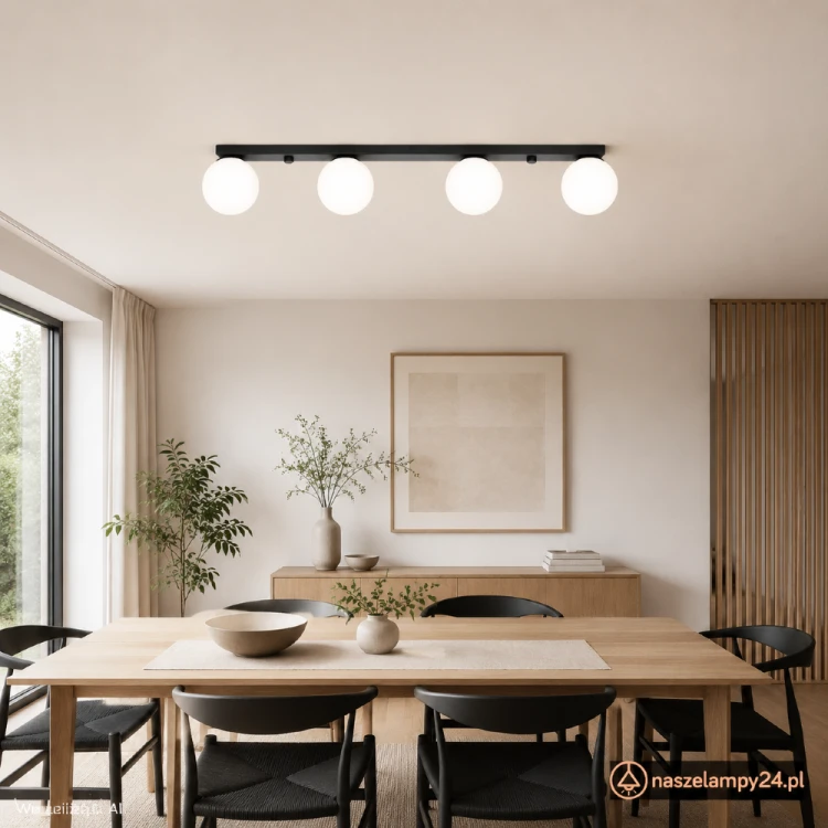 Plafon YOLI 4 Sollux to czarna lampa sufitowa z czterema białymi kulami. Model 4xG9 o szerokości 88 cm efektownie oświetli salon, jadalnię lub kuchnię. Doskonale sprawdzi się nad stołem, wyspą kuchenną i barkiem.