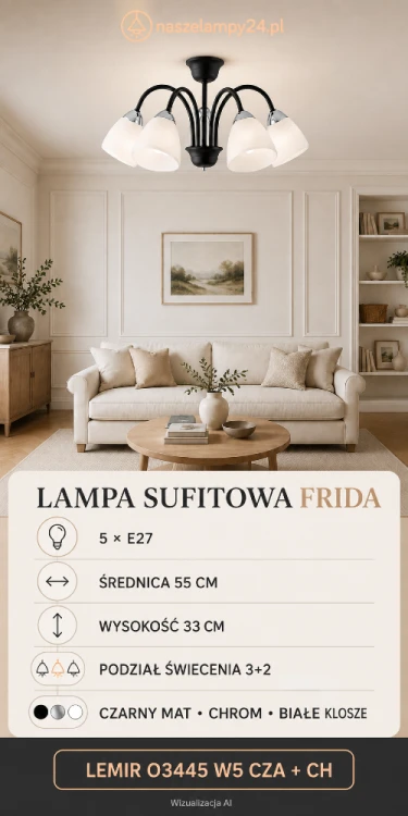 Czarna lampa sufitowa FRIDA Lemir z pięcioma białymi, matowymi kloszami i chromowanymi dodatkami. Model 5xE27 o średnicy 55 cm doskonale pasuje do salonu, jadalni, sypialni i kuchni urządzonej w eleganckim stylu.