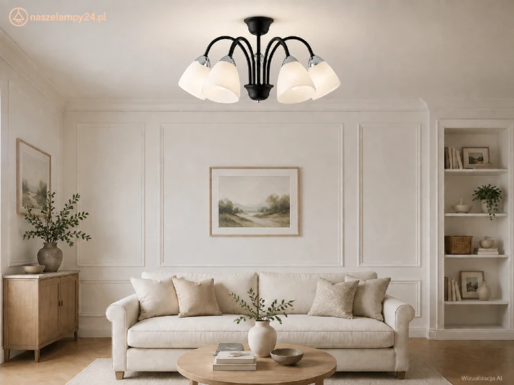 Lampa FRIDA 5xE27 to eleganckie oświetlenie z czarną, matową konstrukcją, chromowanymi detalami i białymi kloszami. Podział świecenia 3+2 pozwala dopasować intensywność światła do potrzeb domowników.