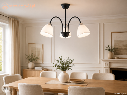 Czarna lampa sufitowa FRIDA Lemir z trzema białymi, matowymi kloszami i chromowanymi detalami. Model 3xE27 o średnicy 45 cm efektownie oświetli salon, jadalnię, kuchnię lub sypialnię.