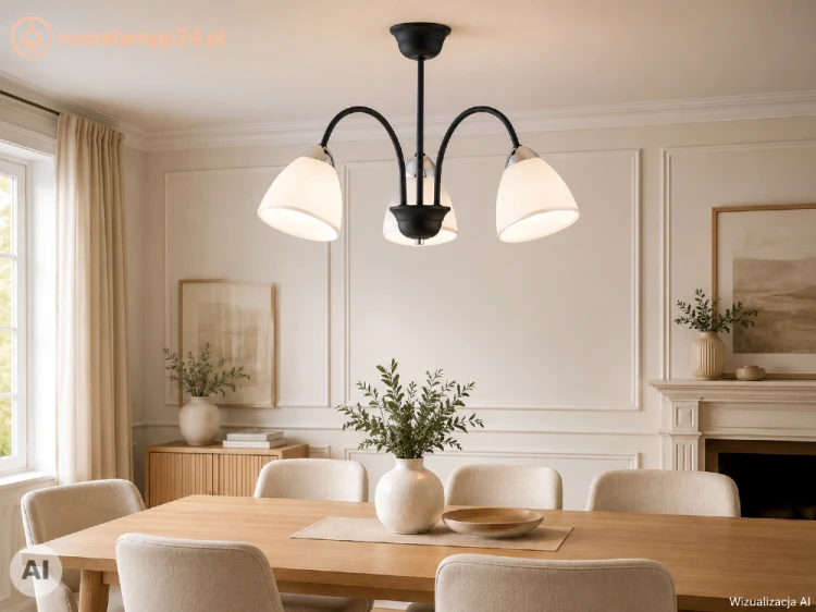 Czarna lampa sufitowa FRIDA Lemir z trzema białymi, matowymi kloszami i chromowanymi detalami. Model 3xE27 o średnicy 45 cm efektownie oświetli salon, jadalnię, kuchnię lub sypialnię.