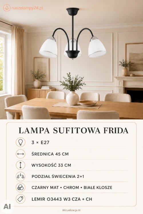 Lampa FRIDA 3xE27 to eleganckie oświetlenie z czarną konstrukcją, chromowanymi dodatkami i białymi kloszami. Podział świecenia 2+1 pozwala dopasować liczbę włączonych punktów do potrzeb.