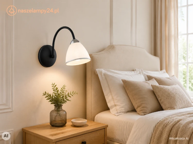 Czarny kinkiet FRIDA Lemir z białym kloszem i chromowanymi detalami. Oprawka E27, wysokość 20 cm i głębokość 30 cm. Elegancka lampa ścienna do sypialni, salonu, przedpokoju lub gabinetu.