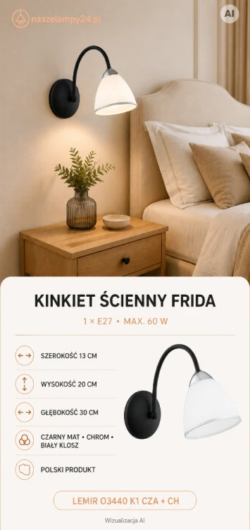 Kinkiet FRIDA 1xE27 to polska lampa ścienna ze stali i szkła. Czarna konstrukcja, biały klosz ze srebrną obwódką i chromowane wykończenie tworzą eleganckie oświetlenie do nowoczesnych i klasycznych wnętrz.