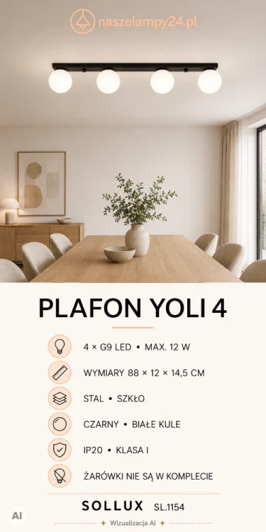 Czarny plafon YOLI 4xG9 marki Sollux zachwyca czterema białymi, szklanymi kloszami. Niewielka wysokość 14,5 cm i szerokość 88 cm sprawiają, że lampa pasuje do salonu, jadalni, kuchni oraz niższych pomieszczeń.