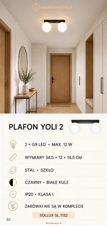 Plafon YOLI 2 SL.1152 łączy czarną, stalową podstawę z dwoma białymi kloszami w kształcie kul. Nowoczesna lampa 2xG9 sprawdzi się w kuchni, garderobie, sypialni, gabinecie lub przedpokoju.